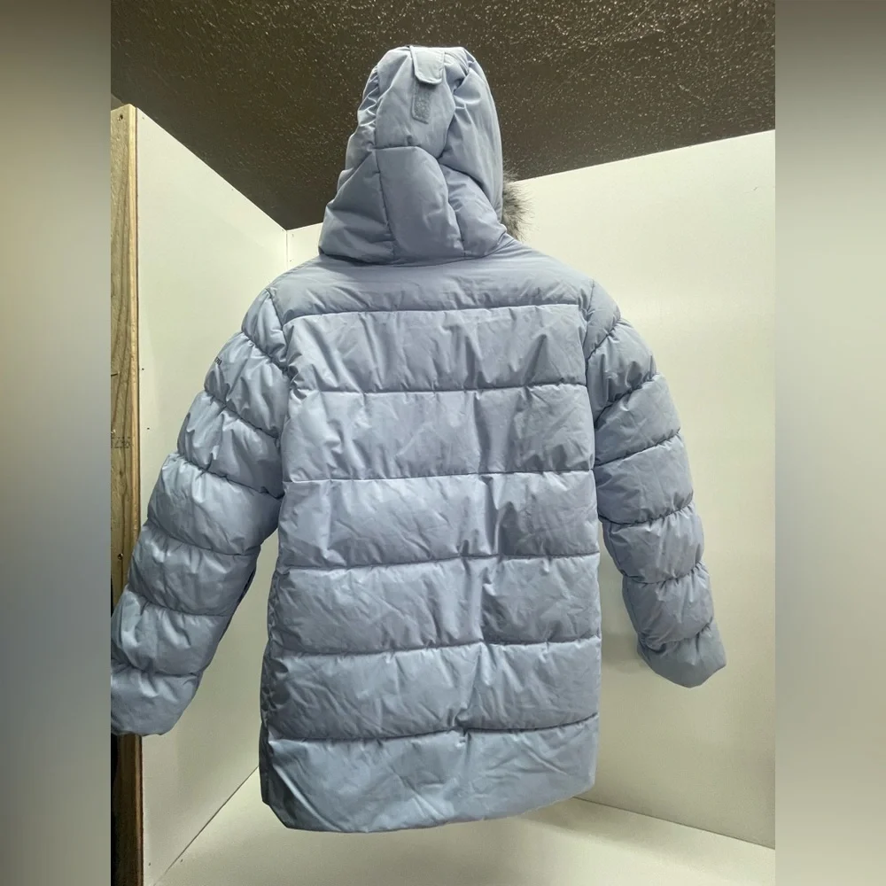 Girls' Light Blue Quilted Puffer Jacket with Faux Fur Trim‎ Hood